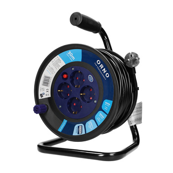 Przedłużacz bębnowy, 4 gniazda 2P+Z (schuko), kabel PVC H05VV-F 3x1.5mm², długość - 30m, termik, przesłony torów prądowych.