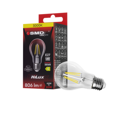 ŻARÓWKA E27 LED FILAME 4,8W WW CLEAR HiLux 4960