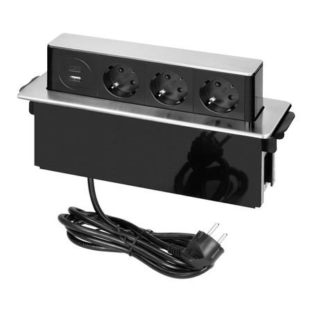 Gniazdo meblowe wysuwane z blatu z płaskim frezowanym rantem, ładowarką USB i przewodem 2m, 3x2P+Z (Schuko), 2 x USB (Typ A+C ; PD20W), 3x1,5mm², INOX