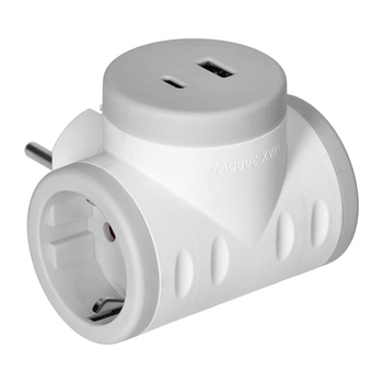 Rozgałęźnik 2P+Z (Schuko) z ładowarką 2xUSB,  szybkie ładowanie, biało-szary