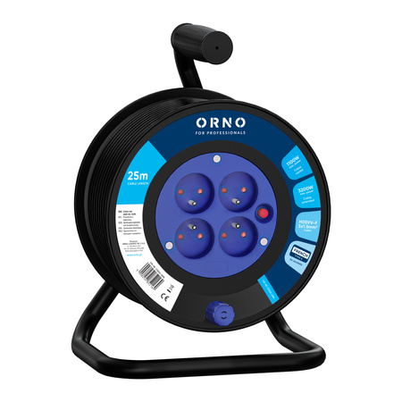 Przedłużacz bębnowy, 4 gniazda 2P+Z, kabel PVC H05VV-F 3x1,5mm², długość 25m, termik, przesłony torów prądowych