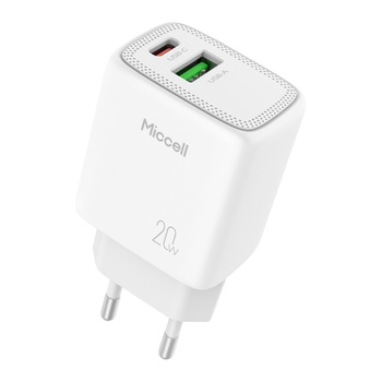 Ładowarka sieciowa Miccell VQ-T15, 20W, USB-A + USB-C, biała