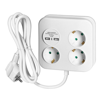 Kwadratowa listwa zasilająca z ładowarką USB  3x2P+Z (Schuko), 2xUSB-A, kabel 3x1,5mm2, 1,4m