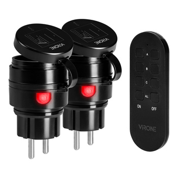 Zestaw bezprzewodowych gniazd MINI Schuko, sterowanych pilotem 2+1, 2300W, IP44