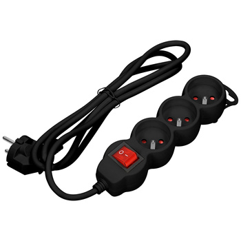 Przedłużacz 3x2P+Z,ON/OFF,1,4m, 3x1mm², czarny