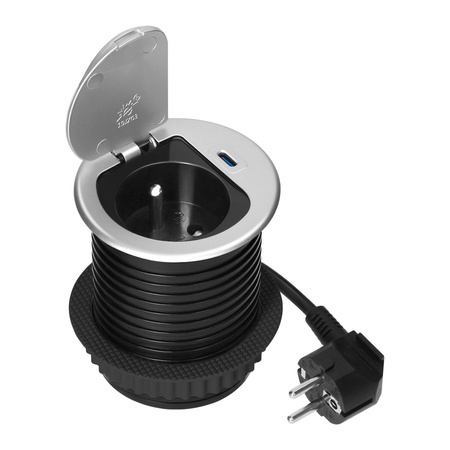Gniazdo meblowe Ø6cm wpuszczane w blat z pokrywką, ładowarką USB i przewodem 1,9m, 1x2P+Z (French), 1xUSB (typ C; PD20W), srebrne