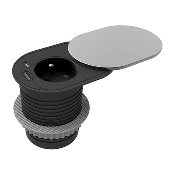 Gniazdo meblowe Ø6cm, wpuszczane w blat z przesuwną pokrywką, ładowarką USB i przewodem 1,9m, 1x2P+Z (French), 1xUSB (typ A+C; PD20W), srebrne