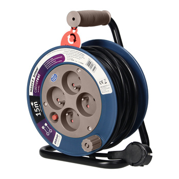 Przedłużacz bębnowy MINI, 4 gniazda 2P+Z, metalowy stojak, polwinit H05VV-F 3x1mm² , długość 15m, szary