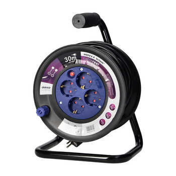 Przedłużacz bębnowy, 4 gniazda 2P+Z (Schuko), kabel PVC H05VV-F 3x1.0mm², długość - 30m, termik, przesłony torów prądowych.