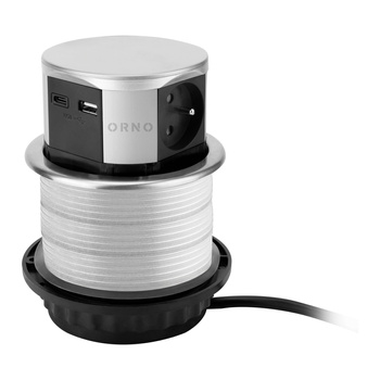 Gniazdo meblowe Ø10cm wysuwane z blatu z ładowarką USB i przewodem 1,5m, 3x2P+Z (French), 2xUSB (typ A+C; max. 3A), srebrne