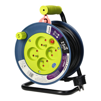 Przedłużacz bębnowy MINI, 4 gniazda 2P+Z, metalowy stojak, polwinit H05VV-F 3x1mm² , długość 15m, limonkowy