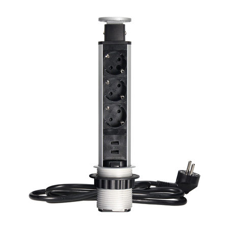 Gniazdo meblowe Ø6cm wysuwane z blatu z ładowarką USB, blokadą i przewodem 1,8m, 3x2P+Z (Schuko), srebrne