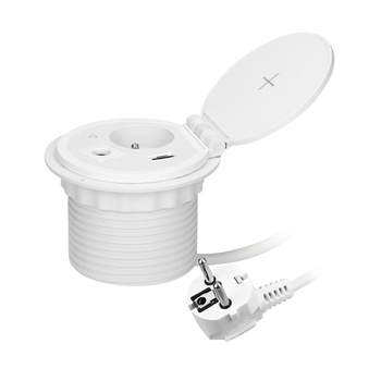 Gniazdo meblowe Ø8cm wpuszczane w blat z ładowarką indukcyjną, ładowarką USB z 2 gniazdami A i C, przelotką kablową i przewodem 1,8m, 1x2P+Z, 2xUSB 2,4A 5V, białe
