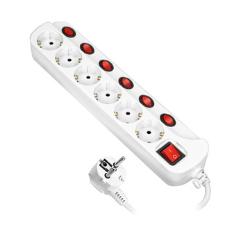 Listwa zasilająca "Multiswitch", 6 gniazd 2P+Z (Schuko), kabel 3x1,5mm², długość 1,5m, z wyłącznikami podświetlanymi: głównym dwutorowym i osobnymi wyłącznikami każdego gniazda. Wyłącznik termiczny. 16A/230 VAC