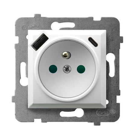 OSPEL ARIA GP-1UZPUSBAC/m/00 Gniazdo pojedyncze z uziemieniem z przesłonami torów prądowych, z ładowarką USB A+C