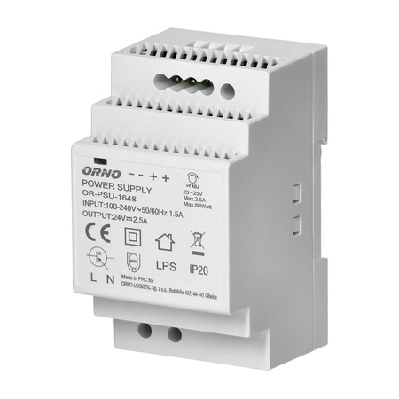 Zasilacz na szynę DIN 24VDC, 2,5A, 60W, szerokość 3 moduły