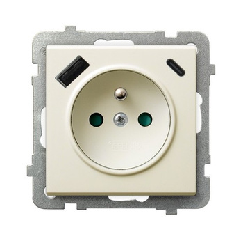 SONATA GP-1RZPUSBAC/m/27 Gniazdo pojedyncze z uziemieniem z przesłonami torów prądowych, z ładowarką USB A+C