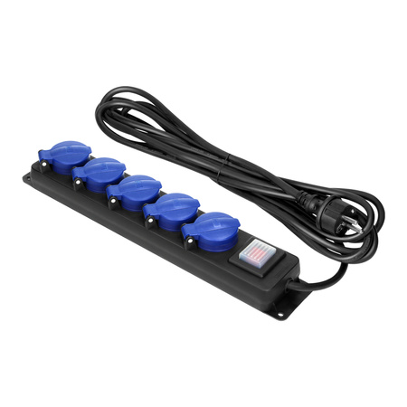 Przedłużacz warsztatowy bryzgoszczelny z wyłącznikiem, 5 gniazd 2P+Z, IP44, schuko przewód gumowy, H05RR-F 3x1,5mm2, długość 5m