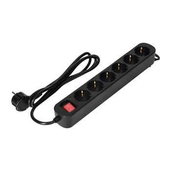 Przedłużacz 6-krotny 2P+Z(Schuko), z wyłącznikiem, 1,5m H05VV-F 3x1,0mm2, Imax=10A, płaska wtyczka, czarny