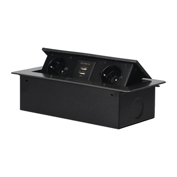 Gniazda meblowe wpuszczane w blat z płaskim frezowanym rantem i ładowarką USB, 2x2P+Z (Schuko), 2xUSB, grafit