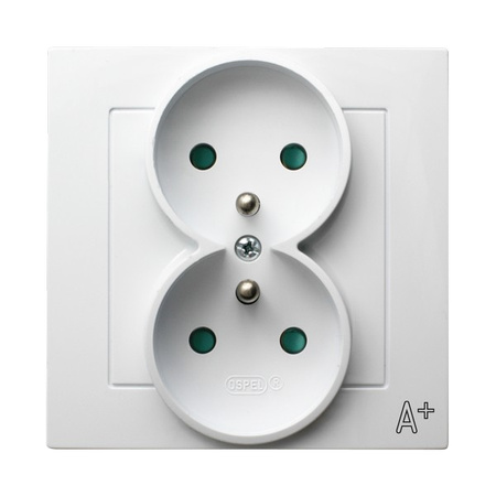 Ospel as ANTYBAKTERYJNY GP-2GAZP/00 Gniazdo podwójne z uziemieniem z przesłonami, kompletne z ramką, produkt zawiera nanocząsteczki srebra