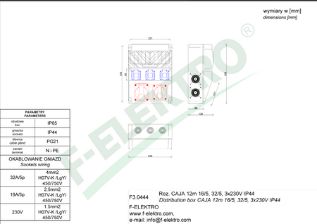 Rozdzielnica budowlana CAJA 16A 5p, 32A 5p, 3x230V F3.0444 F-elektro