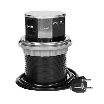 Gniazdo meblowe Ø10cm wysuwane z blatu z ładowarką USB i przewodem 1,5m, 3x2P+Z, 2xUSB, INOX, schuko