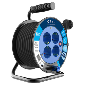 Przedłużacz bębnowy, 4 gniazda 2P+Z (schuko), kabel PVC H05VV-F 3x1.5mm2, długość 50m, termik, przesłony torów prądowych