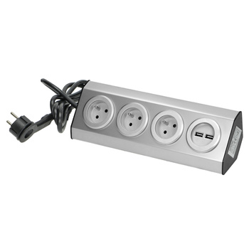 Gniazdo meblowe, kuchenne z ładowarką USB, montowane na rzepy z przewodem 1,5m i płaską wtyczką - 3x2P+Z french, 2xUSB, INOX