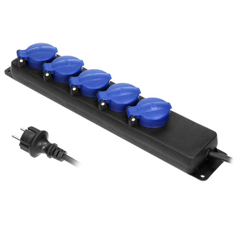 Przedłużacz warsztatowy bryzgoszczelny IP44, 5 gniazda 2P+Z IP44, przewód gumowy, H05RR-F 3x1,5mm², długość 5m