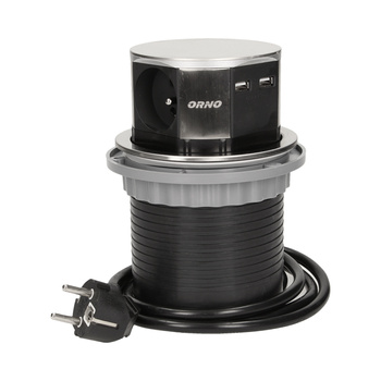 Gniazdo meblowe Ø10cm wysuwane z blatu z ładowarką USB i przewodem 1,5m, 3x2P+Z, 2xUSB, INOX