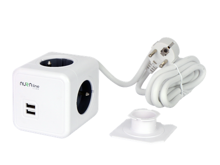 AURA line CUBE przedłużacz 4 gniazda + 2xUSB 1,5m 16A/3680W