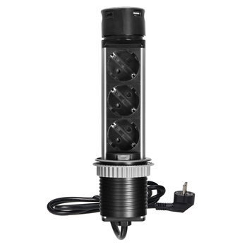 Wpuszczane gniazdo meblowe Ø6cm z ładowarką USB i przewodem 1,5m, 3x2P+Z (Schuko), 2xUSB (typ A i typ C), INOX