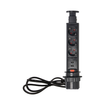 Gniazdo meblowe Ø6cm wysuwane z blatu z ładowarką USB, blokadą i przewodem 1,8m, 3x2P+Z (Schuko), czarne