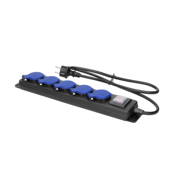Przedłużacz warsztatowy bryzgoszczelny z wyłącznikiem, 5 gniazd 2P+Z, IP44, przewód gumowy, H05RR-F 3x1,5mm², długość 3m