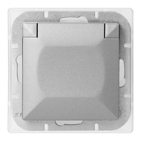 Gniazdo pojedyncze p/t 2P+Z bryzgoszczelne z klapką Pearl, 16A, 250V, PT-16PH, srebrny