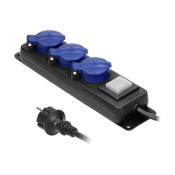 Przedłużacz warsztatowy bryzgoszczelny z wyłącznikiem IP44, 3 gniazda 2P+Z IP44, przewód gumowy, H05RR-F 3x1,5mm², długość 3m