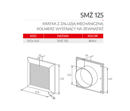 SMŻ 125 kratka wentylacyjna z żaluzją mechaniczną fi 125mm 003-043
