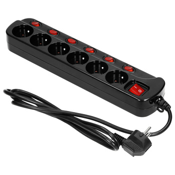 Listwa zasilająca "Multiswitch", 6 gniazd 2P+Z, kabel 3x1,0mm², długość 1,5m. Wyłącznik termiczny. 10A/230 VAC, czarny