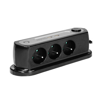 Listwa zasilająca nabiurkowa z wyłącznikiem 3x2P+Z, ładowarka 2xUSB 2.4A, ogranicznik przepięć TYP 3, kabel H05VV-F 3x1,5, długość 1,4m , czarny