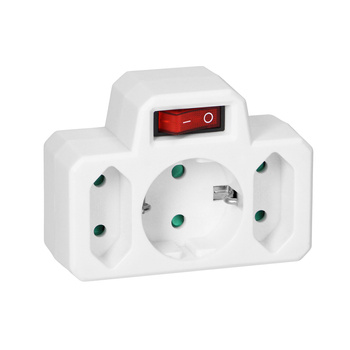 Rozgałęźnik 1x2P+Z (Schuko), 2x2P/II z włącznikiem, biały