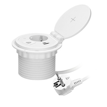 Gniazdo meblowe Ø8cm wpuszczane w blat z ładowarką indukcyjną, ładowarką USB z 2 gniazdami A i C, przelotką kablową z przewodem 1,8m, 1x2P+Z (Schuko), 2xUSB 2,4A 5V, białe