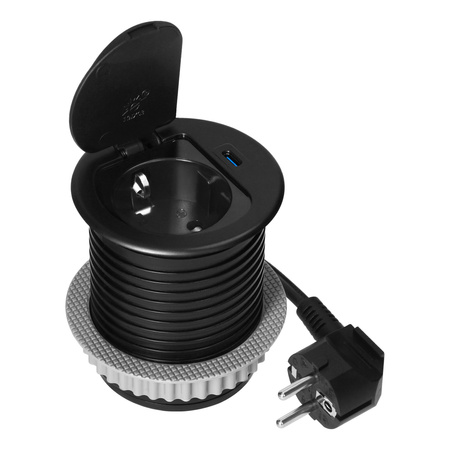 Gniazdo meblowe Ø6cm wpuszczane w blat z pokrywką, ładowarką USB i przewodem 1,9m, 1x2P+Z (Schuko), 1xUSB (typ C; 20W), czarne