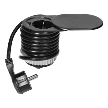 Gniazdo meblowe Ø6cm, czarne, wpuszczane w blat z przesuwną pokrywką, ładowarką USB i przewodem 1,9m, 1x2P+Z, 1xUSB (2,4A), 3x1,5mm², wersja Schuko