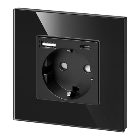 Gniazdo pojedyncze 2P+Z, Schuko, USB-A + USB-C, wyjście 5VDC max. 3A, czarny