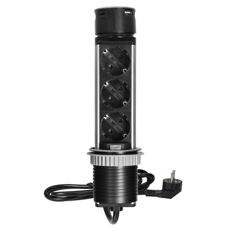 Wpuszczane gniazdo meblowe Ø6cm z ładowarką USB i przewodem 1,5m, 3x2P+Z (Schuko), 2xUSB (typ A i typ C), INOX