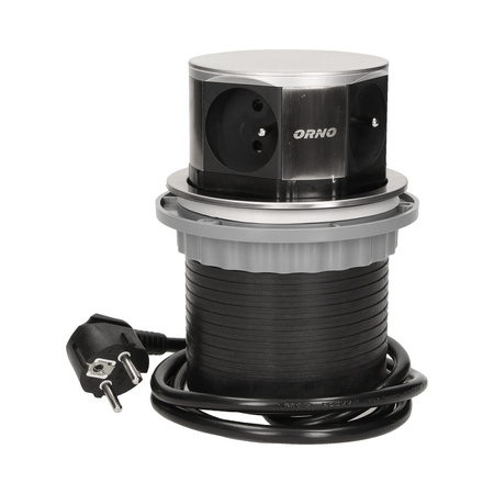 Gniazdo meblowe Ø10cm wysuwane z blatu z przewodem 1,5m, 4x2P+Z, INOX