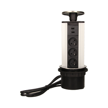 Gniazdo meblowe Ø10cm wysuwane z blatu z ładowarką USB i przewodem 1,8m, 3x2P+Z, 2xUSB, INOX