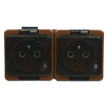 Gniazdo podwójne 2P+Z bryzgoodporne z klapką dymną IP44, SMART, brązowy