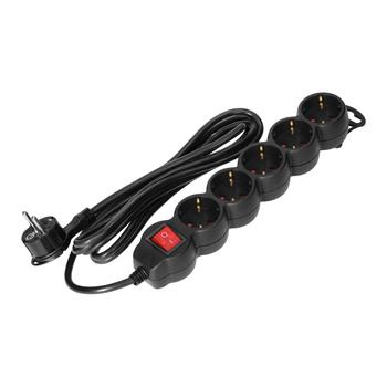Przedłużacz 5-krotny 2P+Z (Schuko) z wyłącznikiem, 1,5m H05VV-F 3x1,5mm2, Imax=16A, płaska wtyczka, czarny